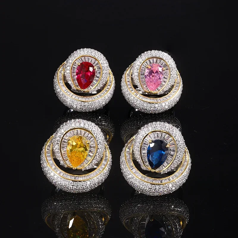 

Luxury Adjustable Multi Color Gemstone Ring for Women Pear Cut Ruby Sapphire Yellow Pink Stones with Sparkling Crystal Accents