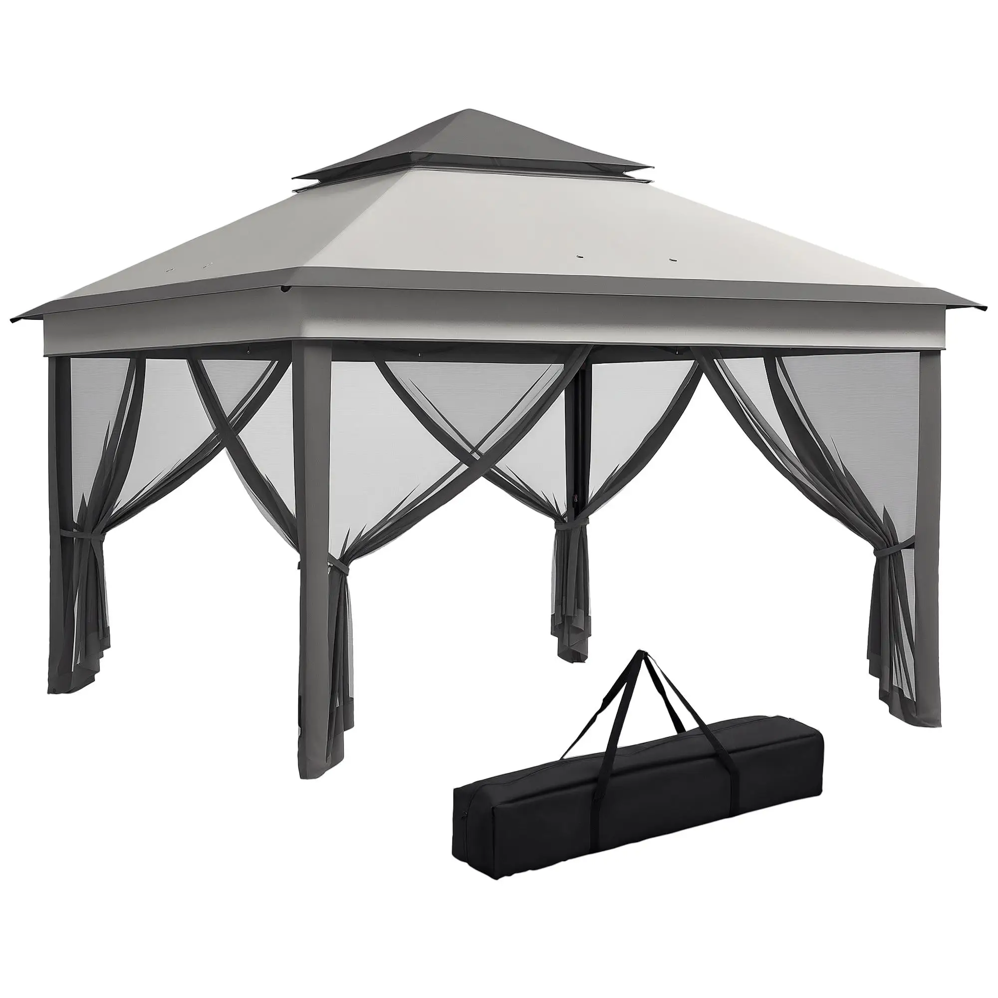 Höhenverstellbarer Pop-Up-Gazebo pulverbeschichtet 3x3m mit Netz, Tragetasche, Grau