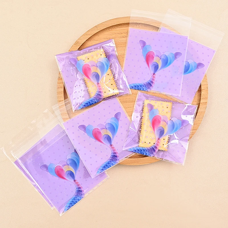 100Pcs Purple OPP Gift Bag Mermaid Tail Pattern Square Self-sealing Bags For Birthday Baby Shower Wedding Party Gifts Decor Bags