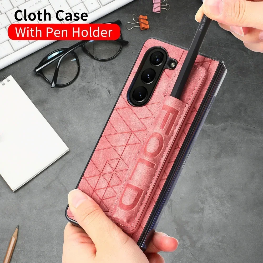 PU Leather Wrist Strap Cover for Samsung Galaxy Z Fold 7 6 5 4 3 Fold7 Hard Phone Case with S Pen Holder & Finger Grip(no Pen)