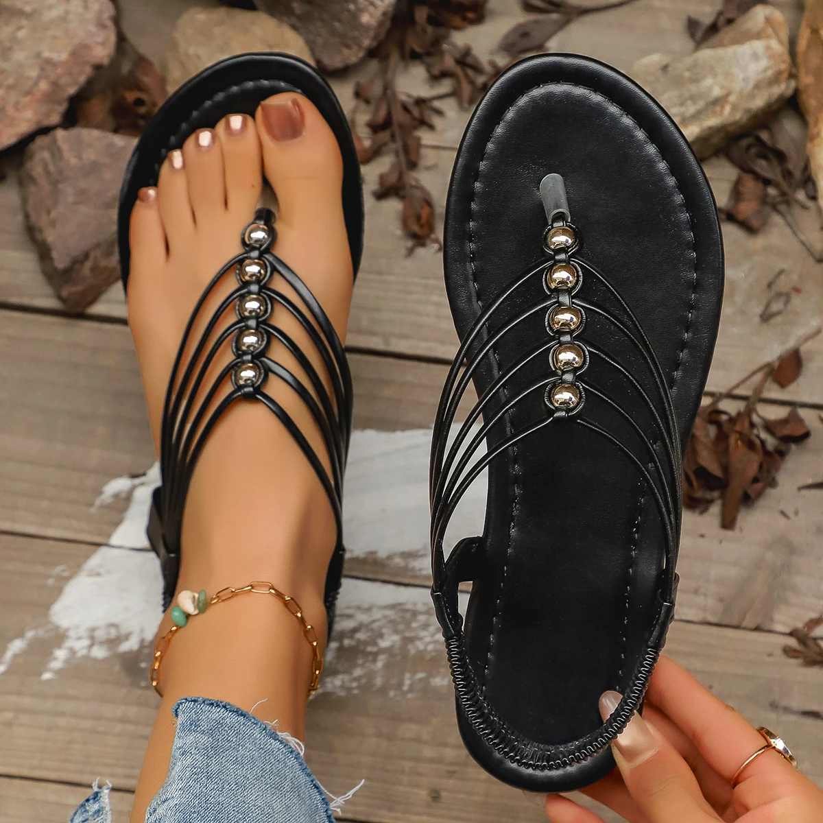 2025 New Women Sandals Large Size Slip-On Sandals Women Elastic Strap Flat Bottom Shoes T-Strap Toe Roman Beach Women Shoes