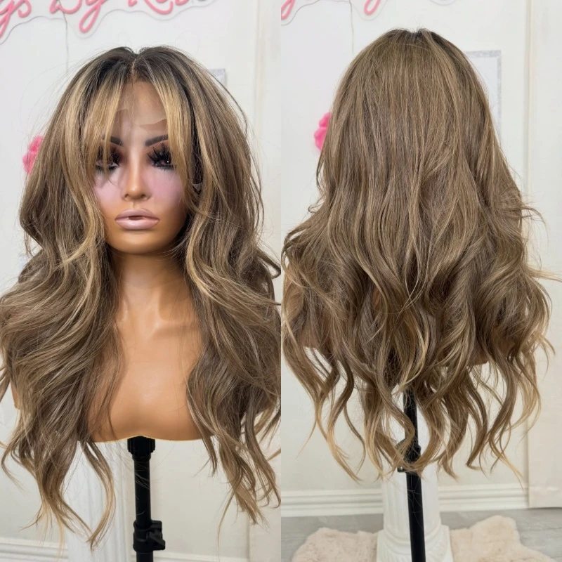 

Party Daily Cosplay Wigs Ombre Caramel Brown Synthetic HD Lace Front Wig with Air Bangs Realistic Look for White Black Women