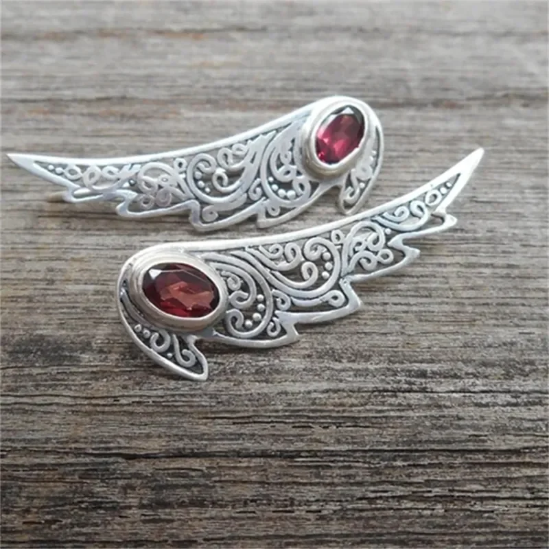 Charm Silver Color Metal Carving Pattern Hollow Earrings Classic Oval Inlaid with Red Stones Dangle Earrings Women Accessories