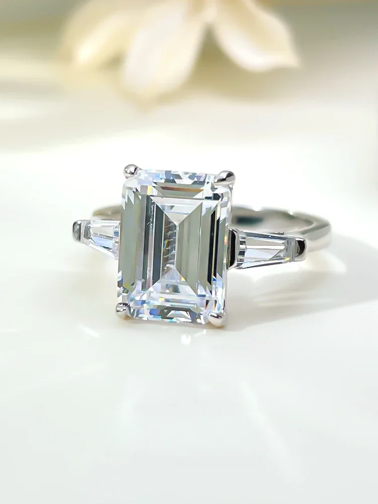 

Fashionable rectangular diamond emerald cut 925 sterling silver ring set with high carbon diamond wedding jewelry