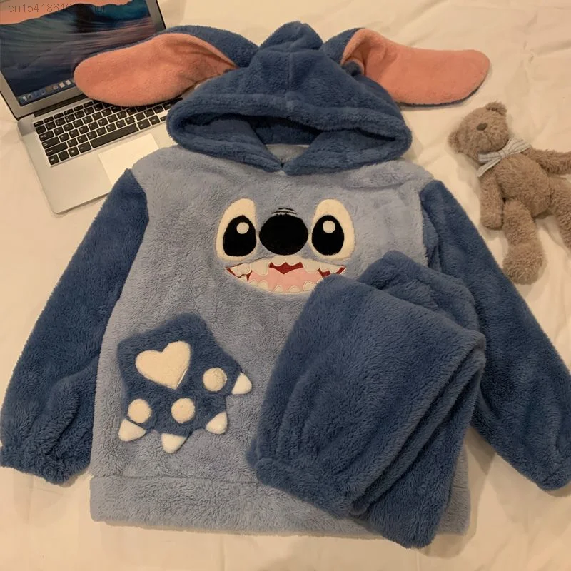 Disney Stitch Hooded Pjs Pajamas For Women Winter 2023 New Coral Velvet Cute Anime Thickened Homewear Set Y 2k Sleepwear Girls