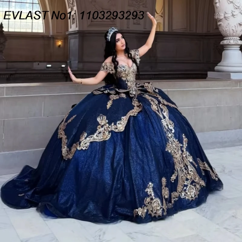 EVLAST Customized Glitter Navy Blue Quinceanera Dress Ball Gown Gold Applique Beading Mexican Sweet 16 Vestidos De 15 Anos AQ682