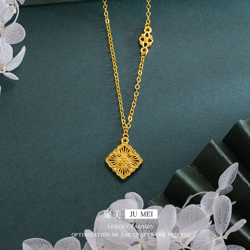 Luxury 24K 9999 Pure Gold real gold Buccelati Three-Piece Silk Clover Necklace Bracelet Women's Clavicle Chain