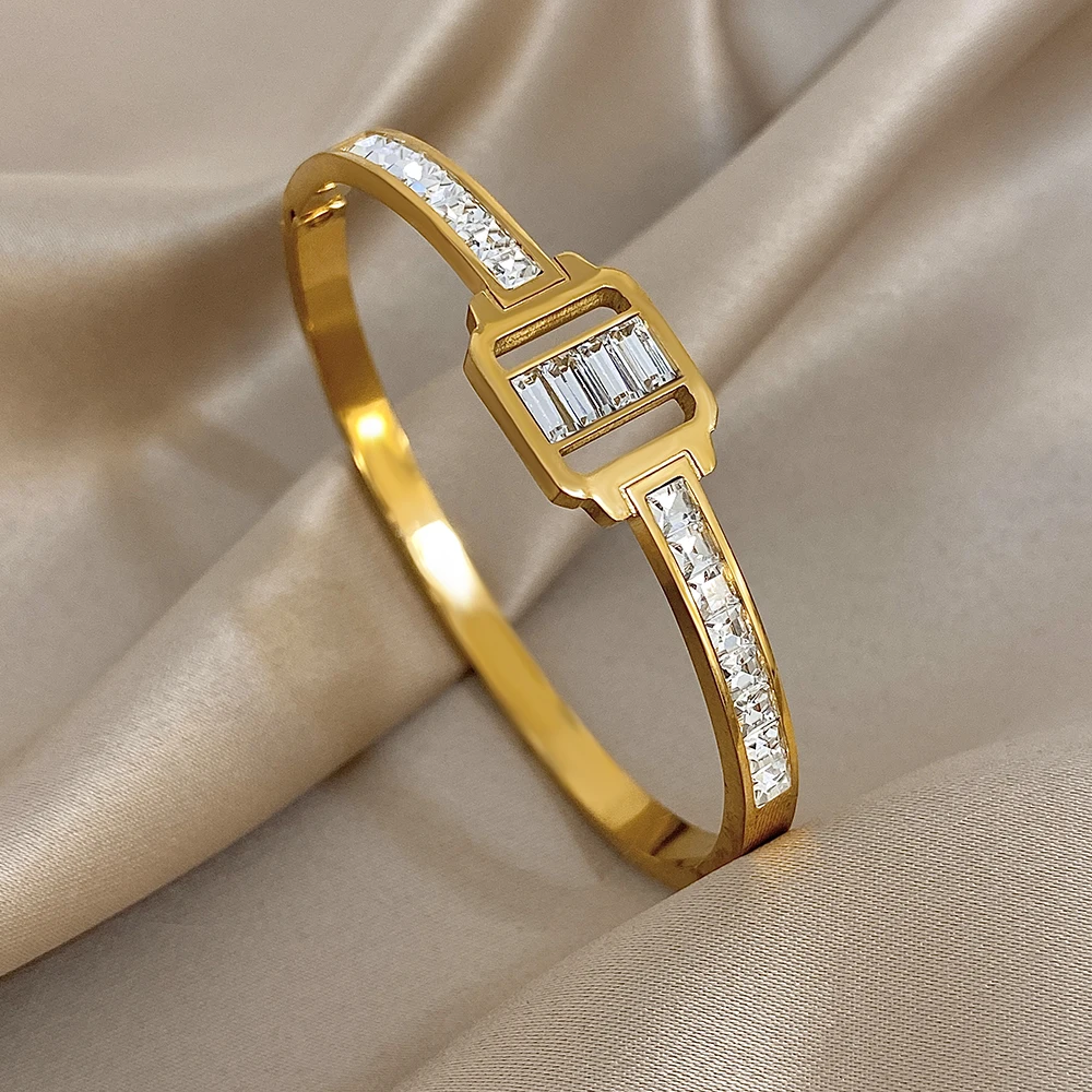 

Simple Square Zircon Stainless Steel Open Bangle Bracelet for Women Waterproof Round Spring Bangle Wedding Jewelry Gift
