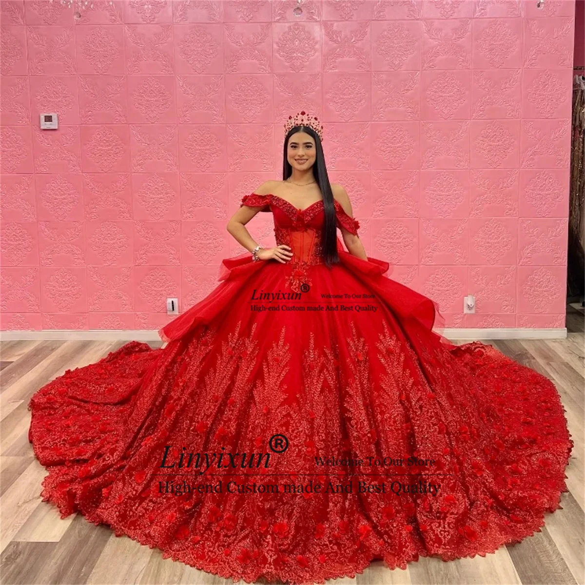 Red Sparkly Sequined Lace Quincenara Dresses 2024 Luxury Beading Ball Gown Sweet 16 Gown Off Shoulder Vestidos De XV15 Años