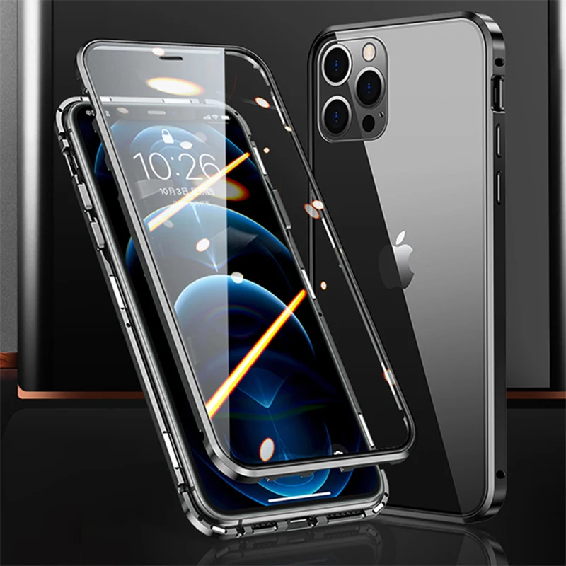 360 ° Pełna ochrona Metalowe magnetyczne etui na telefon do iPhone'a 16 Pro Max 14 13 12 11 15 Pro Max X XS XR Plus Dwustronna szklana osłona