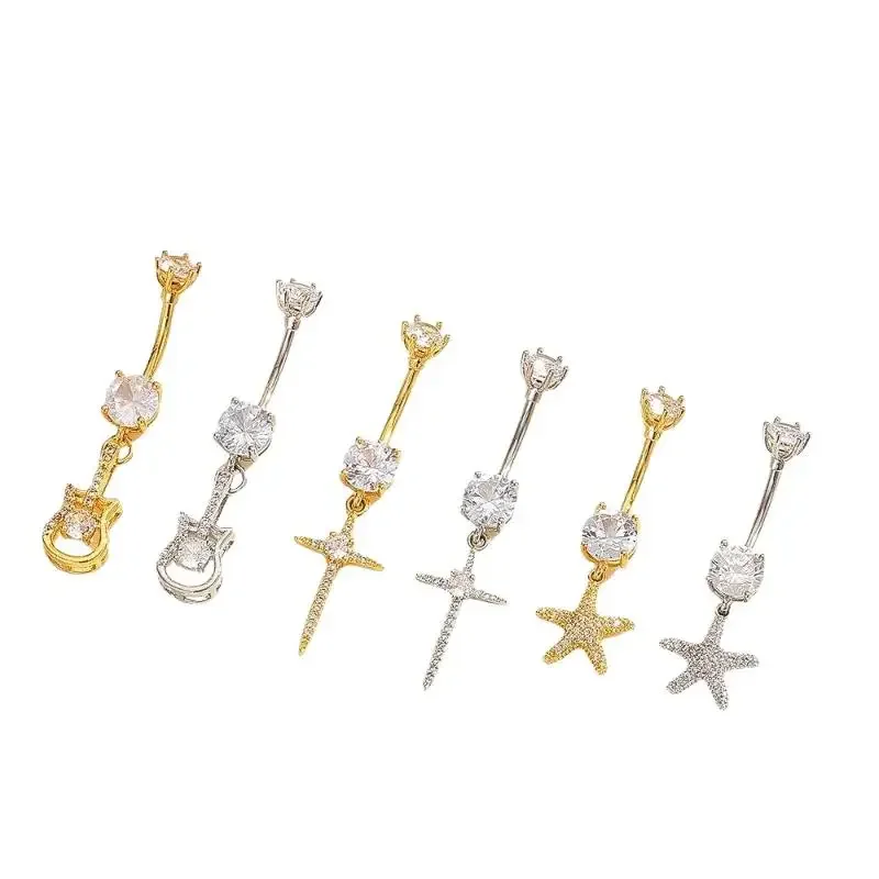 Ciondolo croce stella marina con zirconi chic; Anello bilanciere per ombelico da donna; Regalo di gioielli per piercing all'ombelico sexy