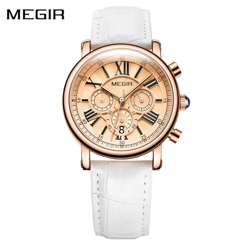 

MEGIR 2058 Ladies Quartz Watch Classic Leisure Roman Numerals Dial Chronograph Date Genuine Leather Elegant Watches Women Gift