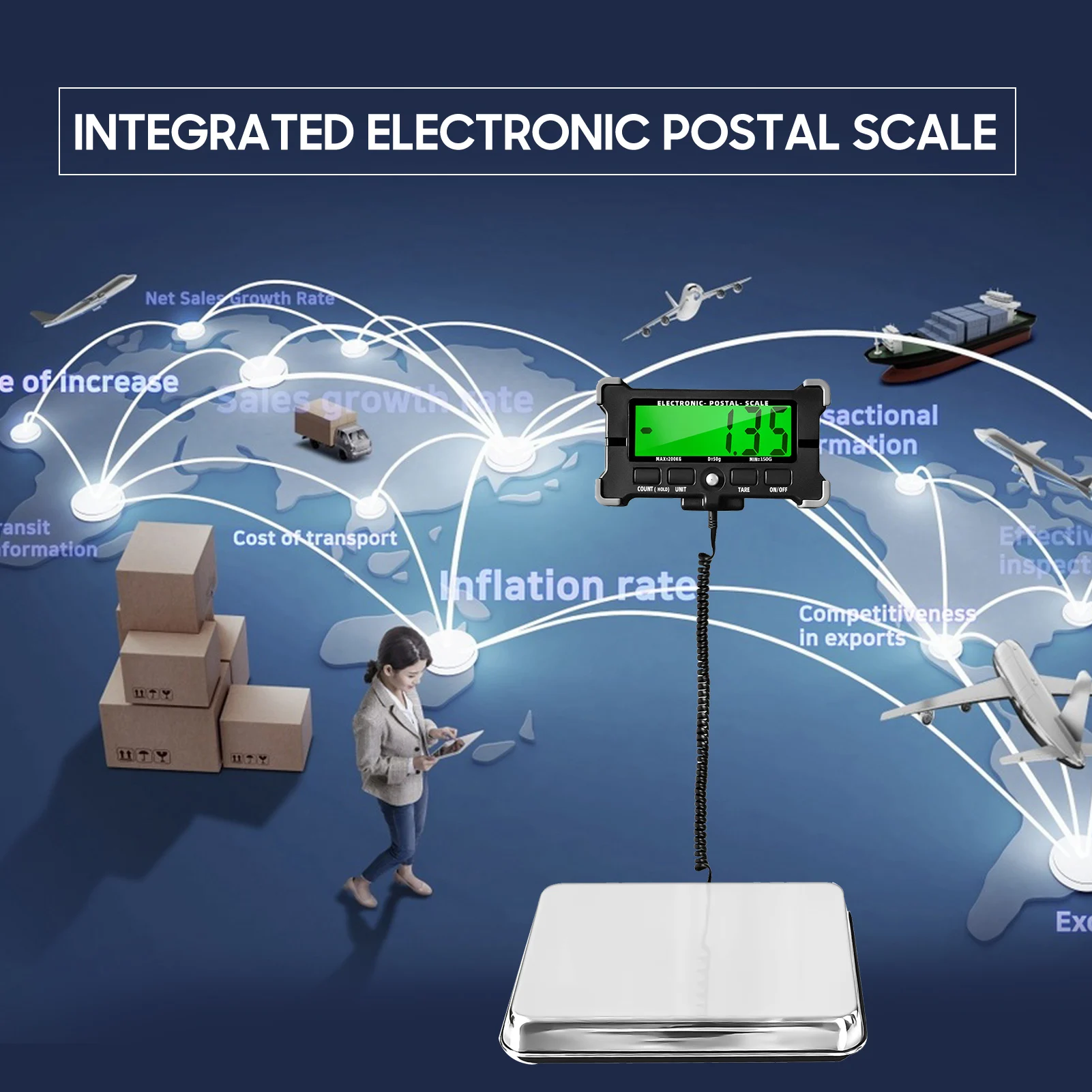 120/200kg Electronic Postal Scale 0.05kg Precision Integrated Stainless Steel Digital Scale with LCD Backlight Display Shipping