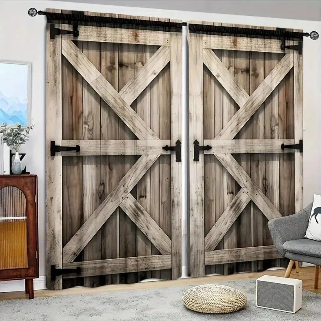 2pcs Vintage Ancient Door Curtains, Rustic Wooden Forged Door Historical Cabin Windows Curtain For Kitchen Bedroom Living Room