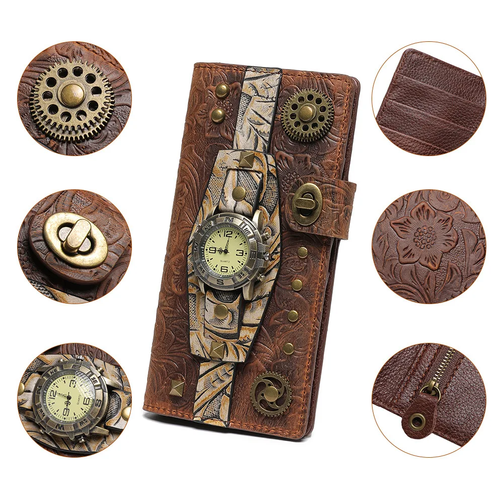 

Amazon new steampunk women's long wallet cowhide retro style hand wallet women's hand grab bag wallet