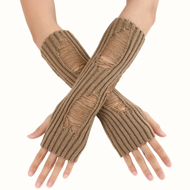 Premium G825 Hole Hollow Knitted Wool Gloves for Women Autumn Winter Mid Long Length Warm Fashionable Soft Arm Cover Sleeve