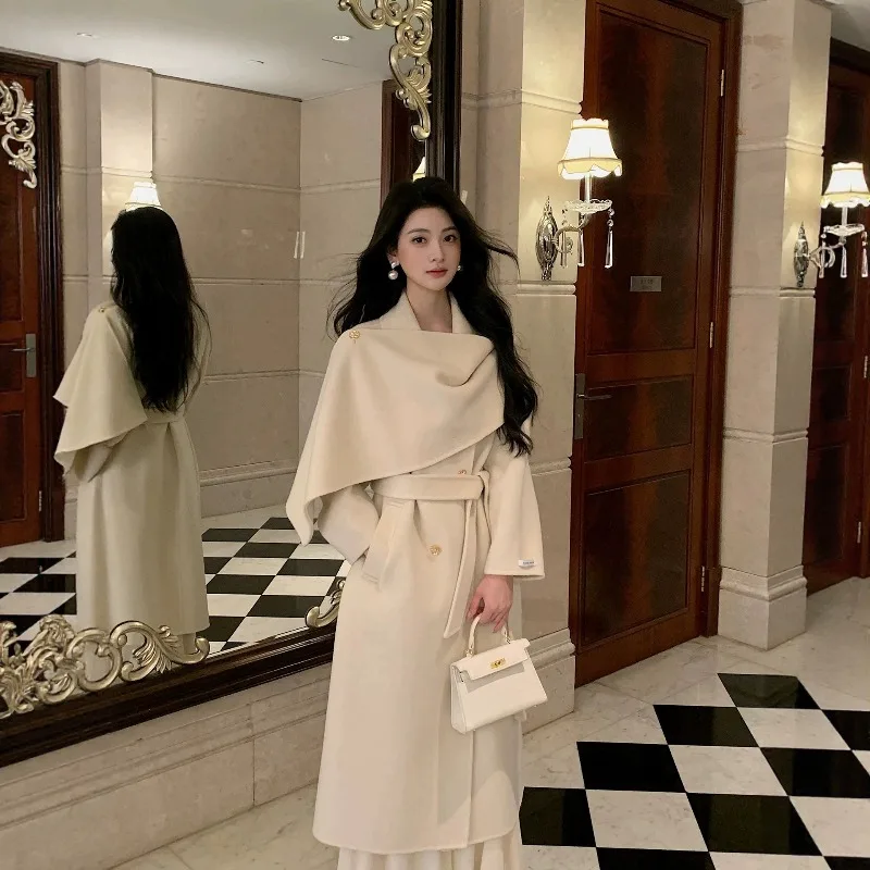 Women’s 100% 2026 Double Faced Cashmere Wool Blend Coat Belted Oversized Mid Long Trench Minimalist Slimming Warm Woolen Coat