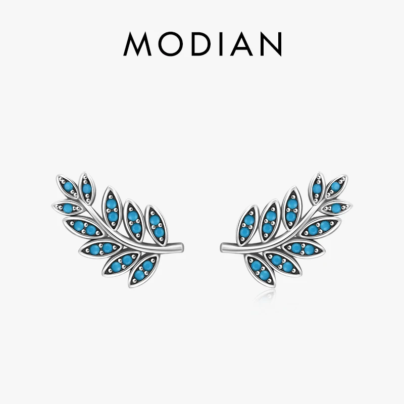 MODIAN 925 Sterling Silver Vintage kolczyki w kształcie liści luksusowe naturalne turkusowe kolczyki sztyfty dla kobiet prezent na rocznicę Fine Jewelry