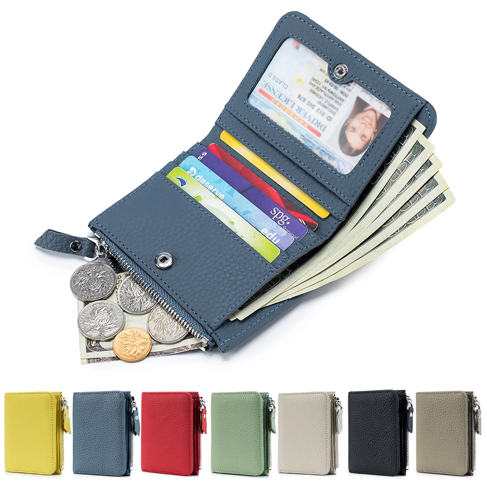 Dompet Pendek Lucu Pria Wanita Kulit Asli Dompet Koin Ritsleting Solid Mewah Tempat Kartu Kredit Bank Rfid Tas Uang Kecil Ramping