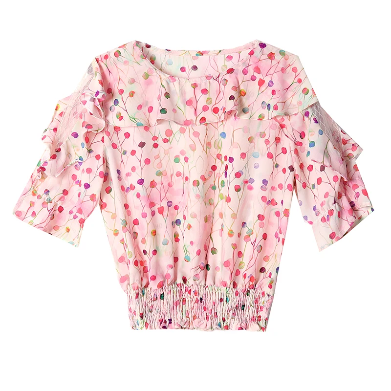 Korean Fashion Floral Printed Shirt Patchwork Mesh Tops Half Sleeve Ruffles Chiffon Blouse Casual Women Clothing