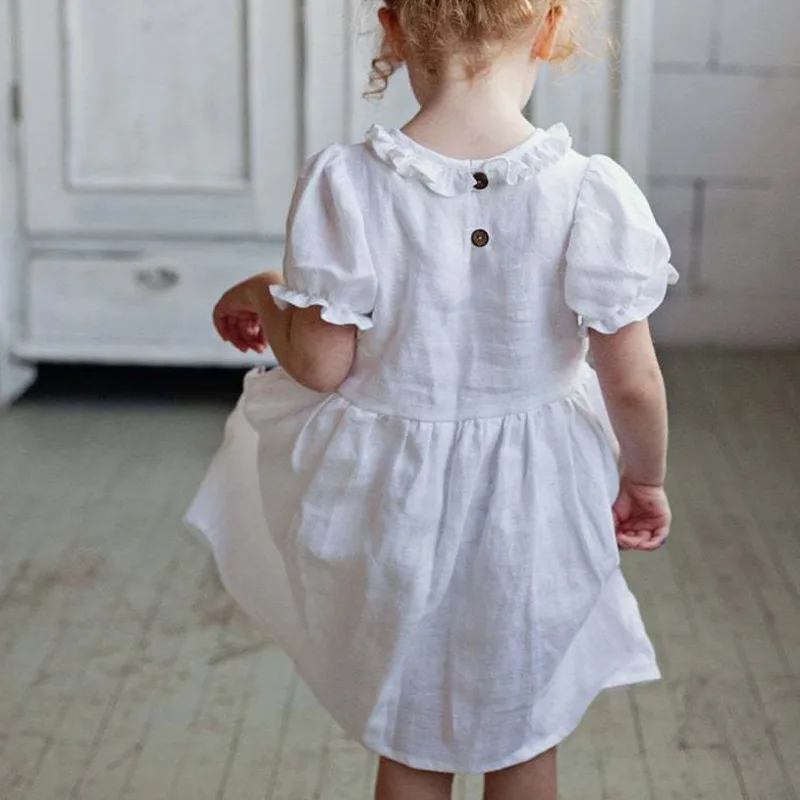 Children Linen Doll Collar Baby Princess Dress 2024 New Girls' Clothing Spring And Summer Short-Sleeve Dress