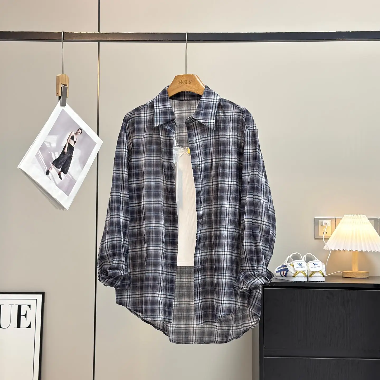 

Повседневная свободная рубашка в клетку с защитой от солнца, женская рубашка с длинным рукавом на пуговицах, модный клетчатый принт, воротник в стиле M