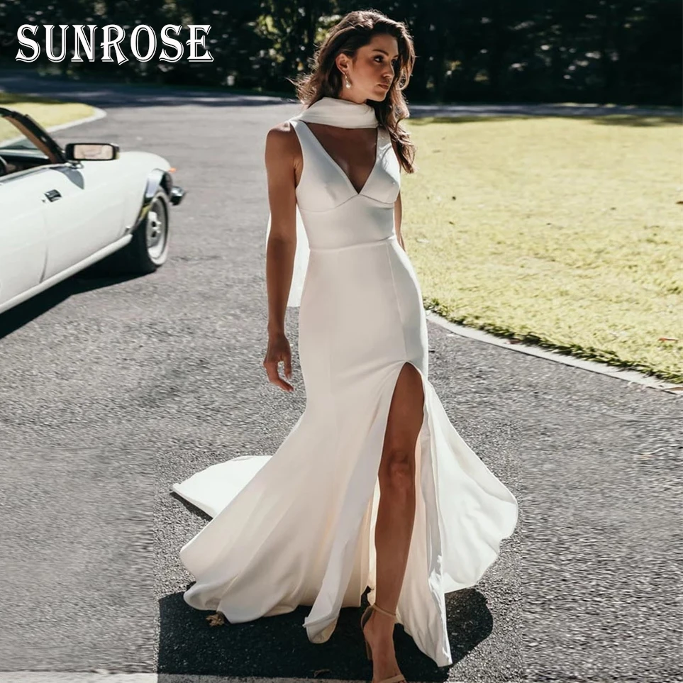 SUNROSE Sexy Mermaid Wedding Dresses for Women 2025 V-Neck Backless Side Slit Rustic Bride Dresses Boho Bridal Gowns Customized