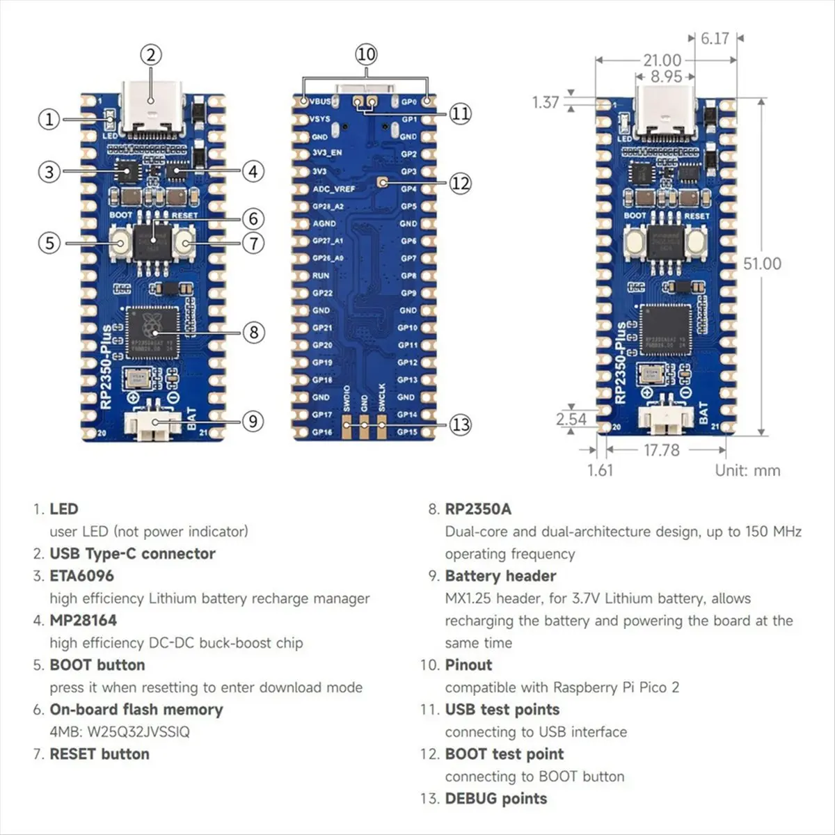 a26m-placa-de-desenvolvimento-para-raspberry-pi-pico-2-rp2350-plus-com-processador-dual-core-microcontrolador-compativel-com-rpi-pico-a