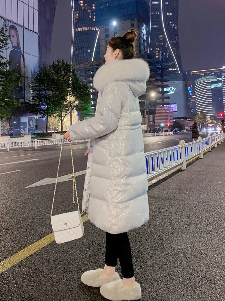 2025 glitter Winter Women Fashion Thicken Warm Long Jacket Female White Duck Down Coat Ladies Fox Fur Collar Hooded Overcoats