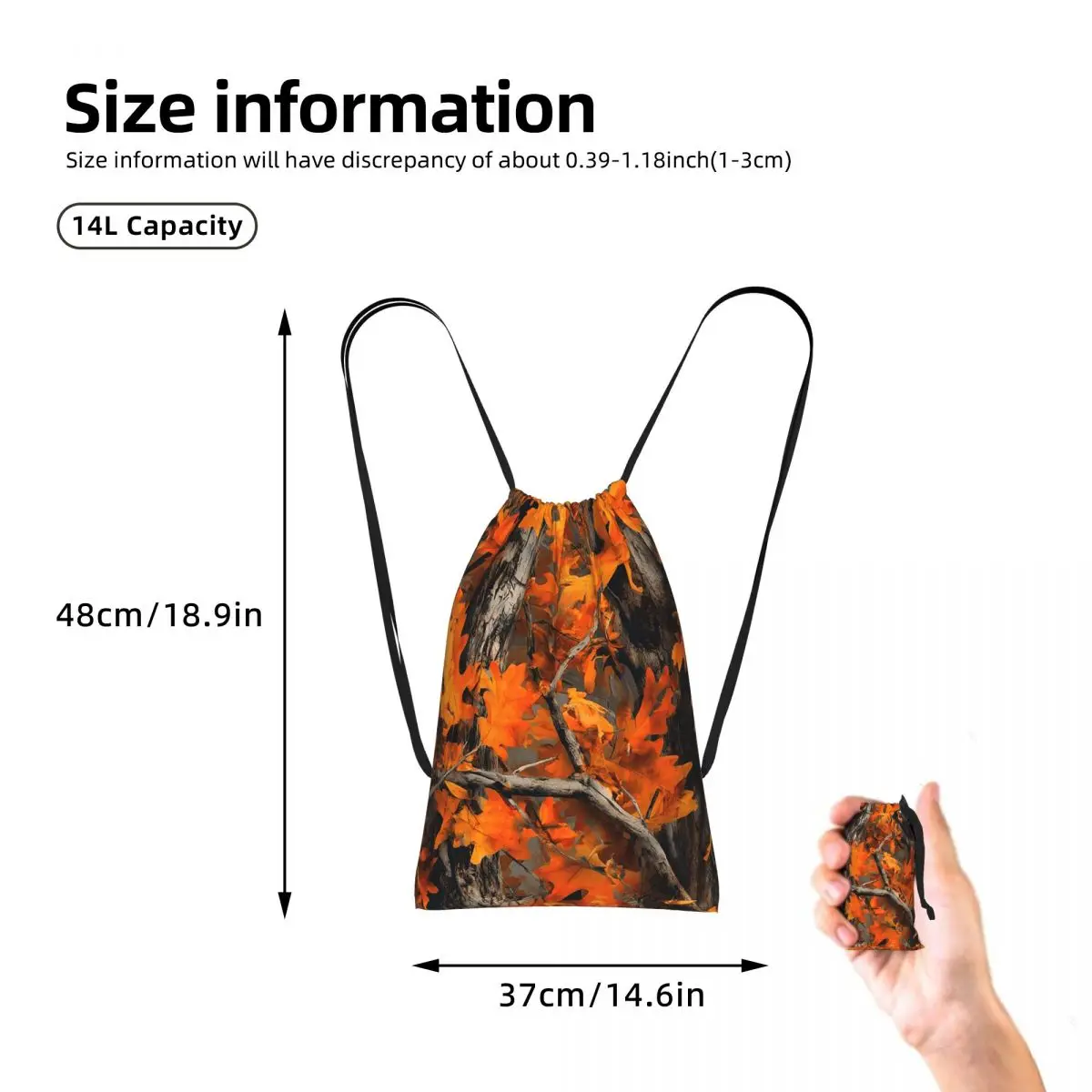 Orange Oak Leaves Autumn Camouflage Artwork Drawstring Backpack hiking cycling Bag Portable Travel Drawstring Bag for Men Women