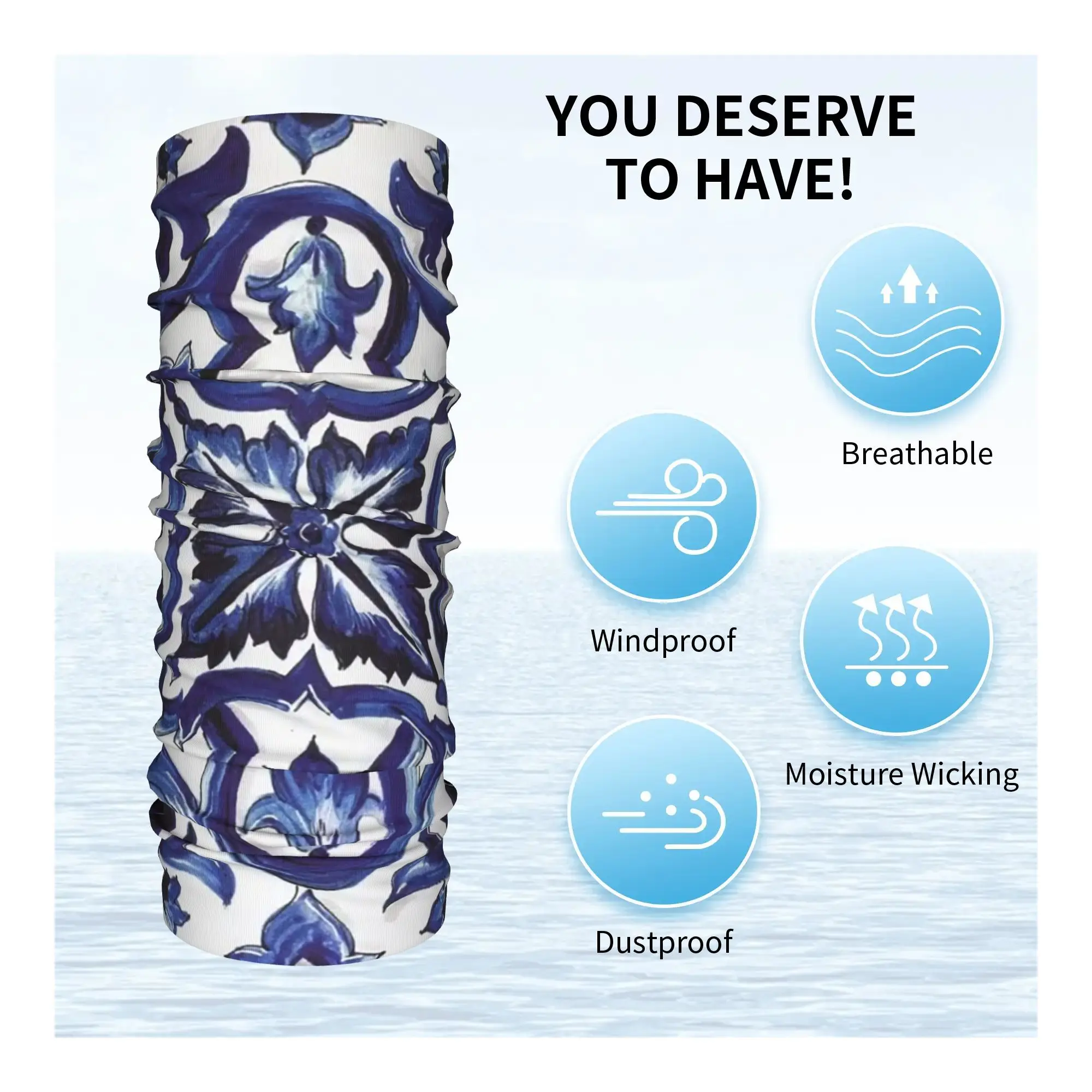 파란색 화려한 꽃 지중해 시칠리아 타일 두건 목 커버 인쇄 랩 마스크 스카프 Balaclava 남성 여성을위한 실행