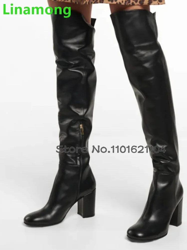 Square Heel Round Toe Leather Fabric Boots For Female Women 2024 Winter New Over-the-knee Side Zipper Elegant Fashion Solid Shoe