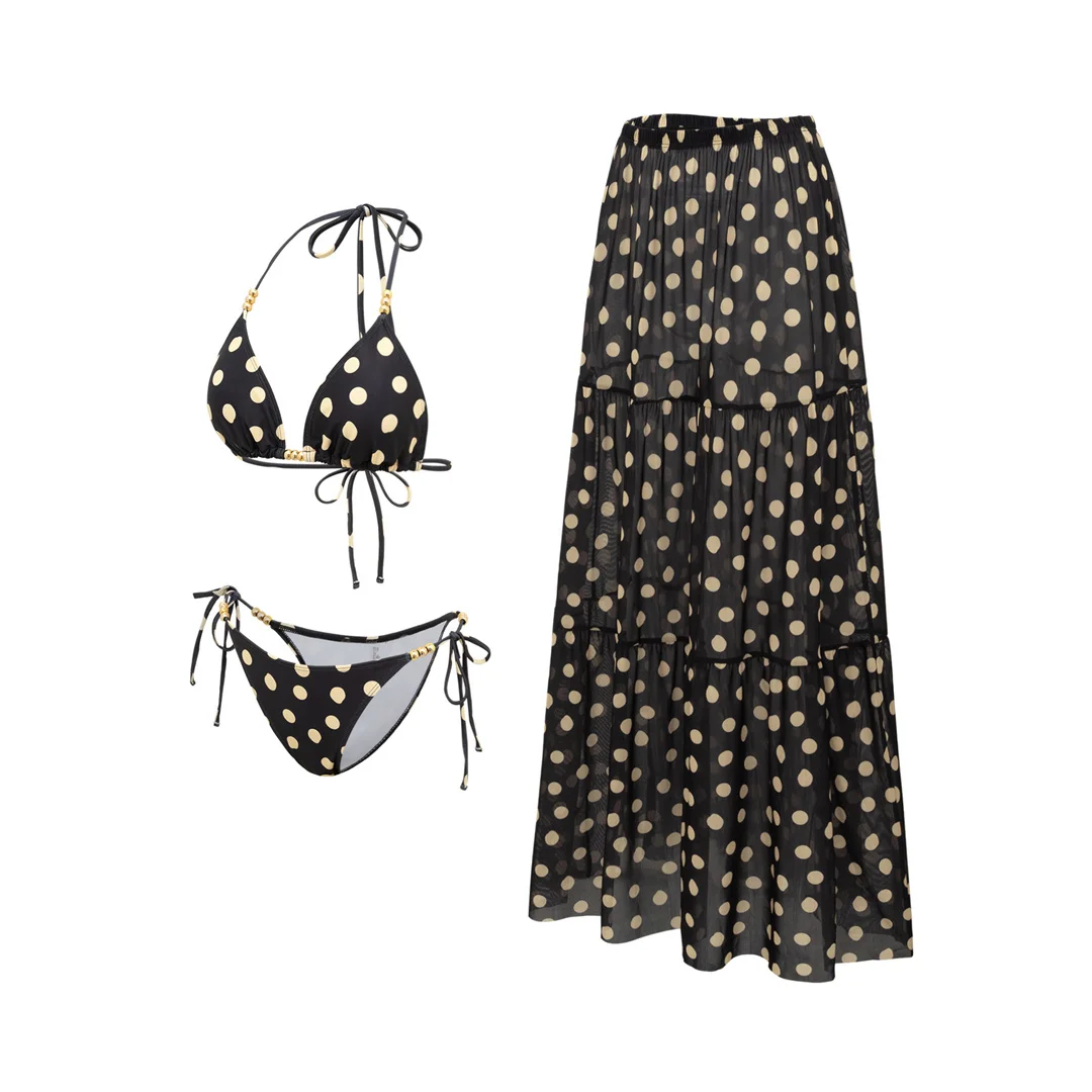 XS - L Polka Dot mit Rock Neckholder-Bikini Damen-Badebekleidung Dreiteiliges Bikini-Set Badeanzug Badebekleidung V8282 – Detail 5