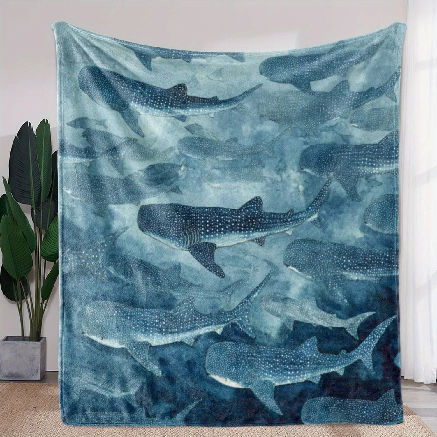 Watercolor Spotted Whale Shark Deep Sea Blue Ocean Print Blanket, Light Flannel Throw Couch Office, Marine Animal Daily Blanket