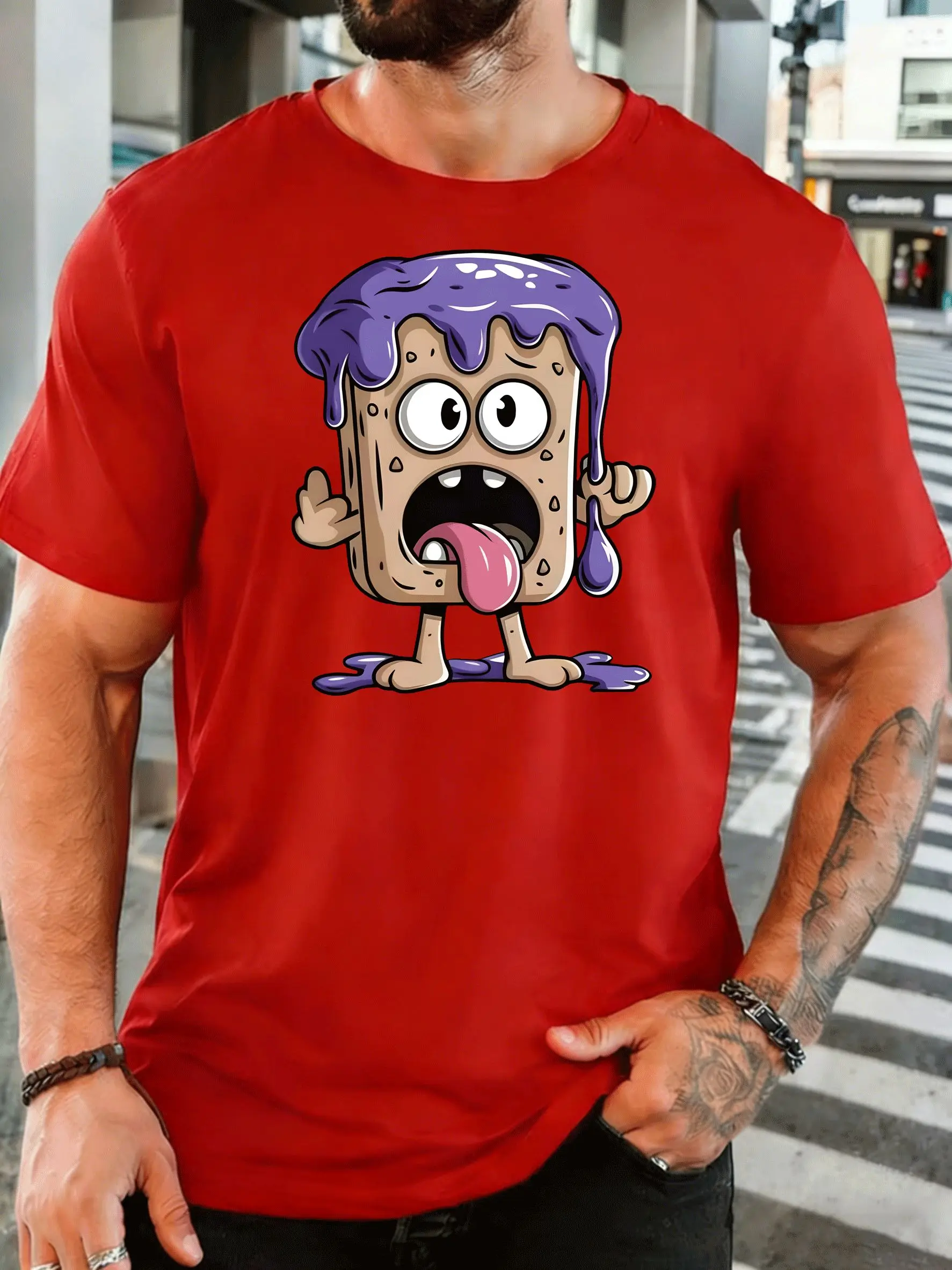 Cartoon Toast With Purple Drip Mens Front Print T Shirt Funny Surprised Food Graphic Tee Casual Short Sleeve Top Foodie Gift