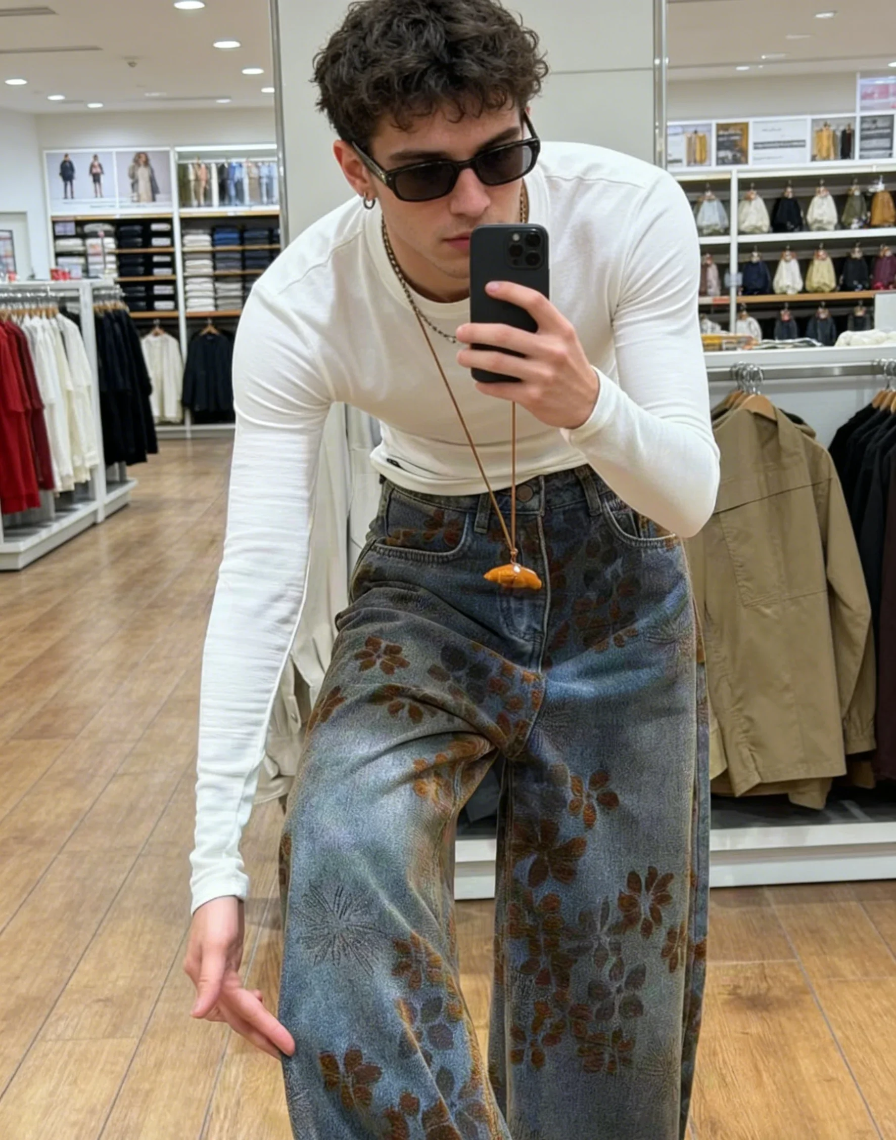 

Unisex Vintage American Floral Wide Leg Men's Jeans Spring New Loose Slim Straight Trousers Stylish Casual Fashion Loose Slim