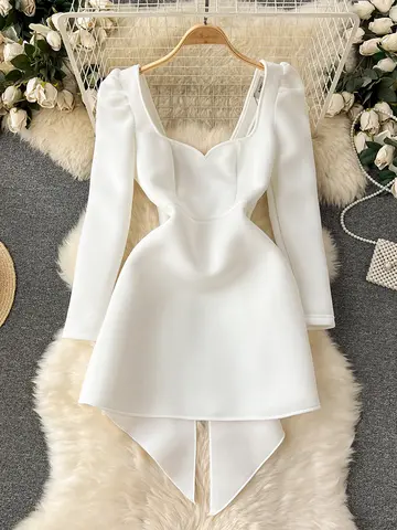 Women White A-line Evening Bow Dress 90s Vintage Long Sleeve Luxury Dresses Y2k Elegant One Piece Frocks 2000s Cutecore Clothes