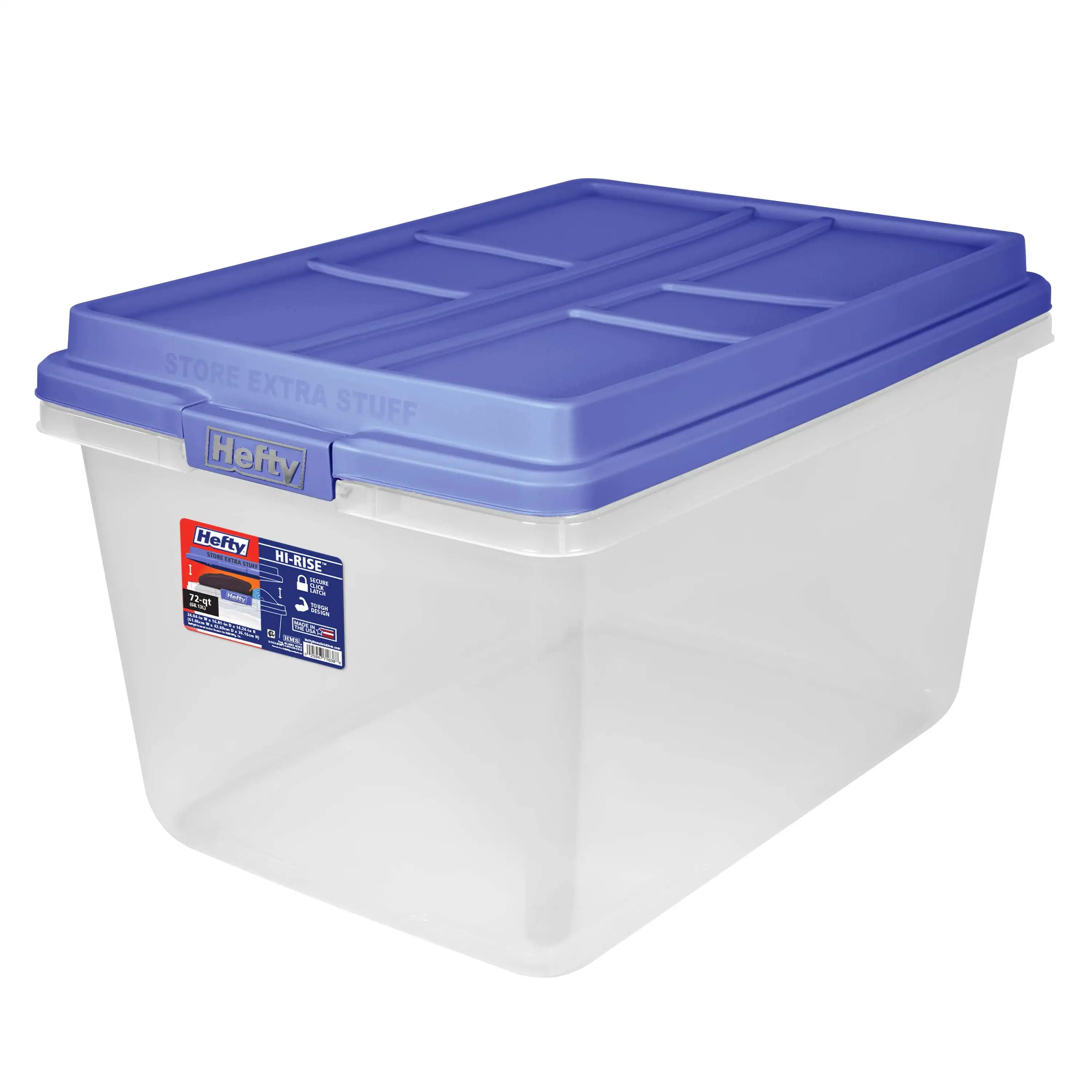 

72 Quart Clear Plastic Storage Bin with Blue HI-RISE Lid Adult Large Secure Latches Keep The Lid Closed Tightly