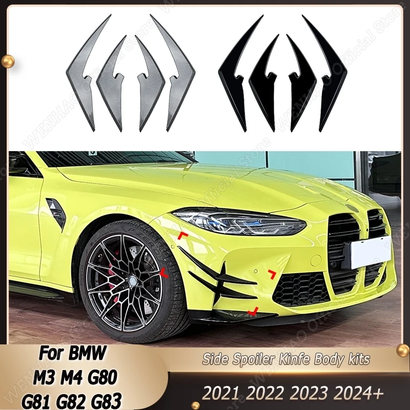 For BMW M3 M4 G80 G81 G82 G83 2021-2024+ Front Bumper Side Splitter Tuning Gloss Black Air Vent Wind Knife Body Kits Blade Trim