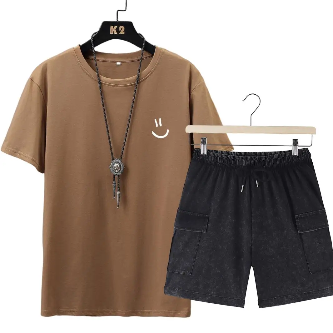 

Minimalist Smile Face Style Graphic Print Sets Men Hip Hop Clothes T Shirt Summer Breathable T-Shirt Street Cotton Tshirt Set