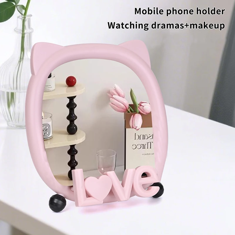 Espelho de maquiagem de orelha de gato/urso fofo com suporte de rack de telefone mesa simples base de bancada uso para mesa de banheiro espelhos cosméticos