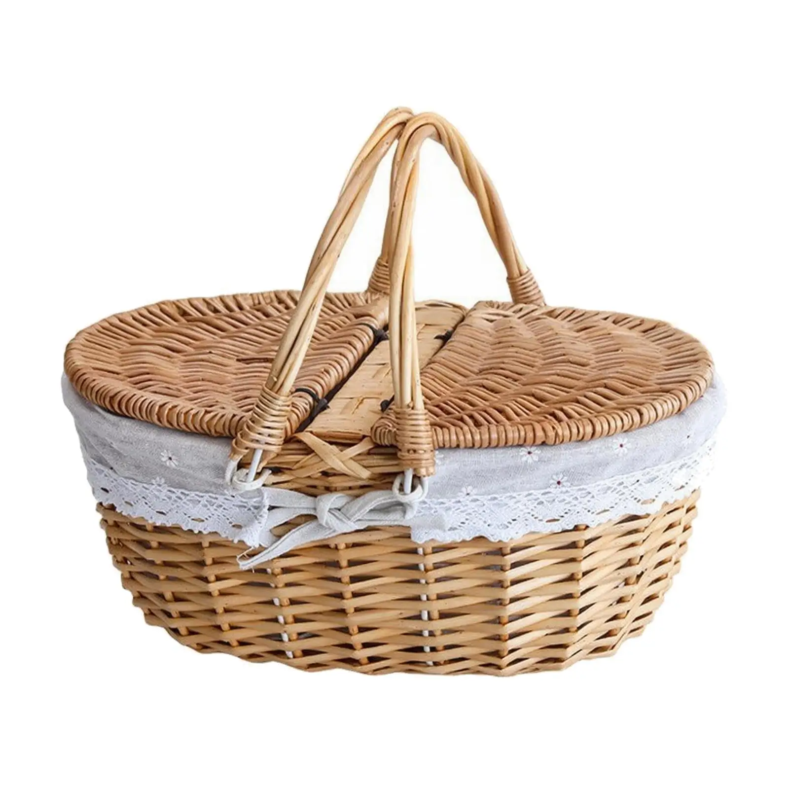 Handwoven Wicker Storage Basket with Lid Oval Picnic Container Twin Handle Lace Trim for Kitchen Counter Organization