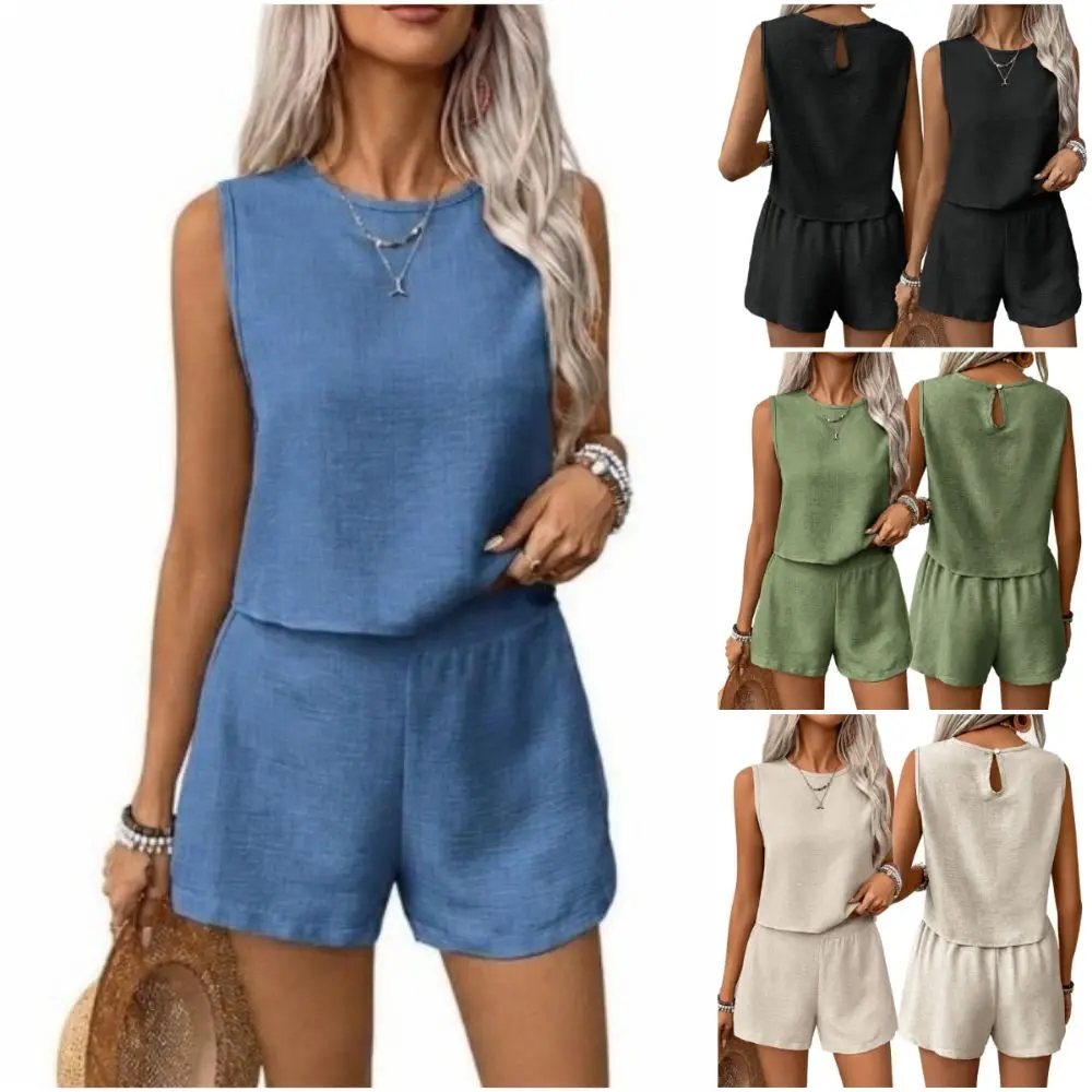 Fashion Solid Color Vest Shorts Set Simple Design Multi-size Casual Outfit Set Sleeveless Top Set Casual Wear