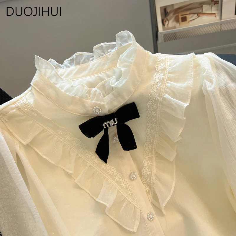 DUOJIHUI French Chic Stand Neck Simple Chiffon Female Shirt Autumn New Fashion Solid Color Loose Office Ladies Sweet Women Shirt