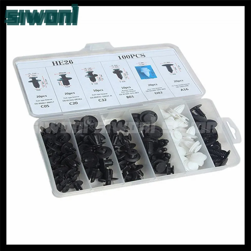 

100PCS HE26 Auto Fastener Clip Car Fender Push Retainer Mixed Body Pin Rivet Bumper Door Trim Panel Universal Clips Fixed Buckl