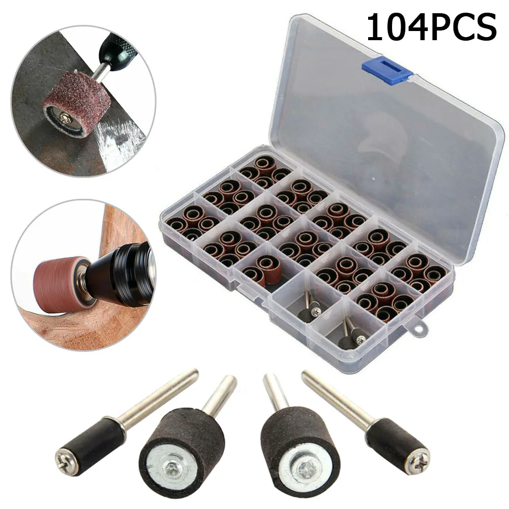 104Pcs Sanding Ring With Rod Abrasive Rotary Tool Kit Sanding Drum Grinding Head For Rotary Tool Electric Grinder Derusting Tool