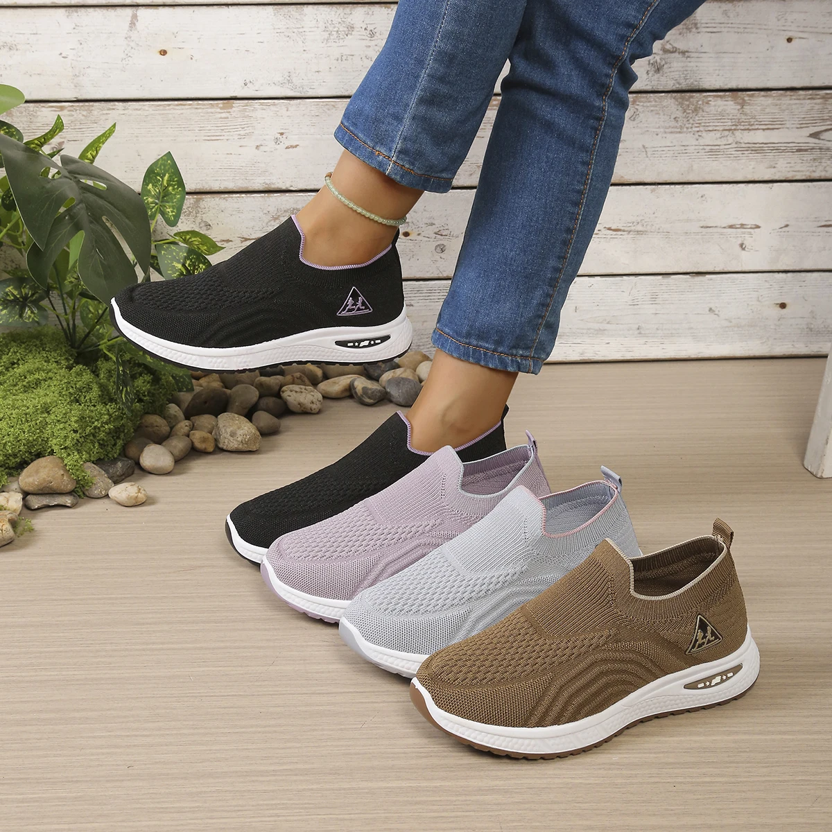 Women's Wavy Hollow Mesh Slip-On Walking Loafers, Ribbed Collar Trim, Triangular Runner Side Badge, Daily Casual Footwear