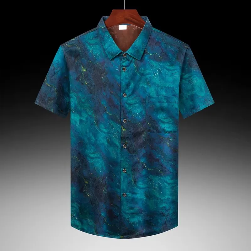 

Gambiered Canton Gauze Blue Shirts For Men Short Sleeve Coolness Summer Quality 100% Silk Lightweight 3D Print Camisas De Hombre