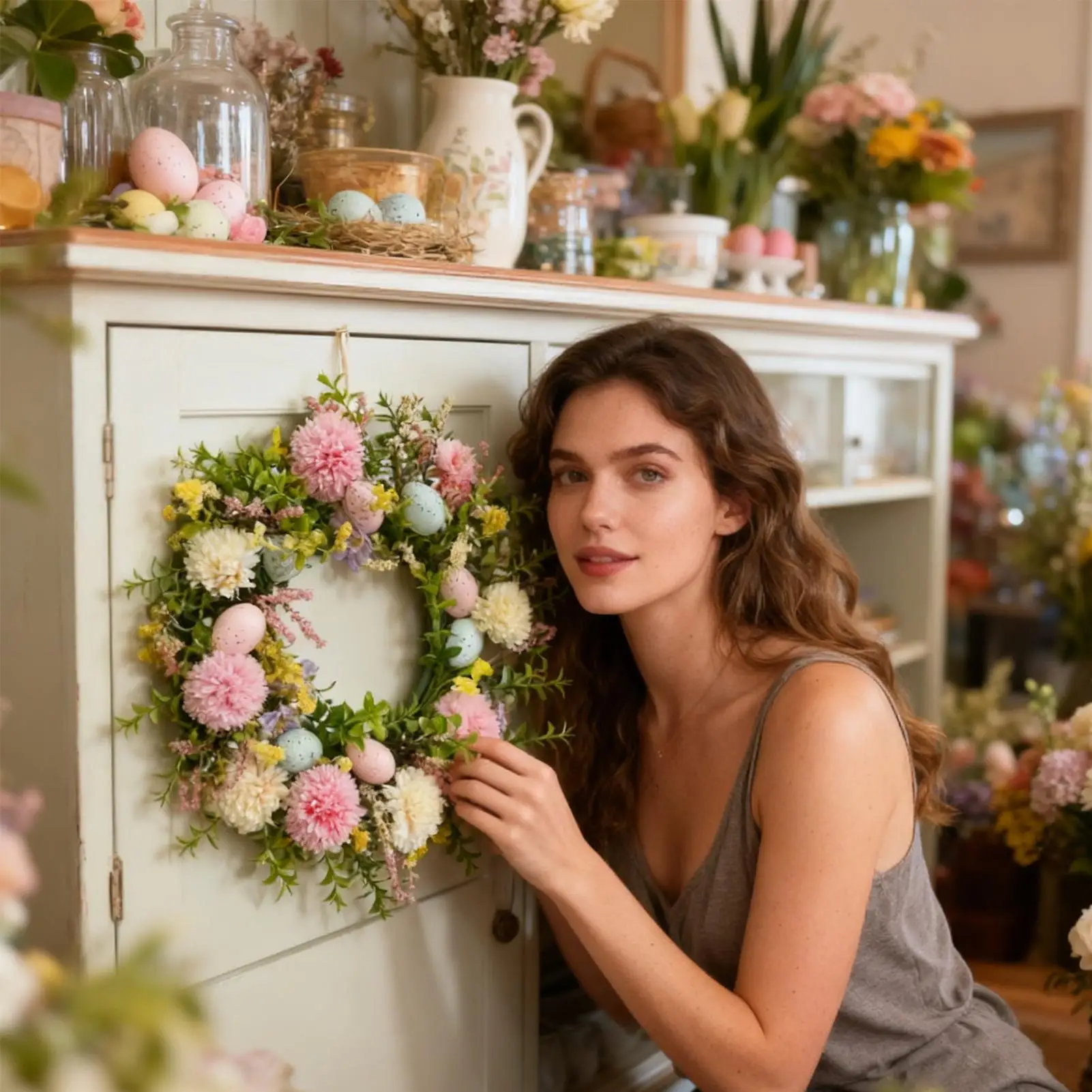 

Easter Wreaths For Front Door Colorful Eggs Daisies Garland 15.75inch Artificial Farmhouse Easter Wreath For Home Porch Window