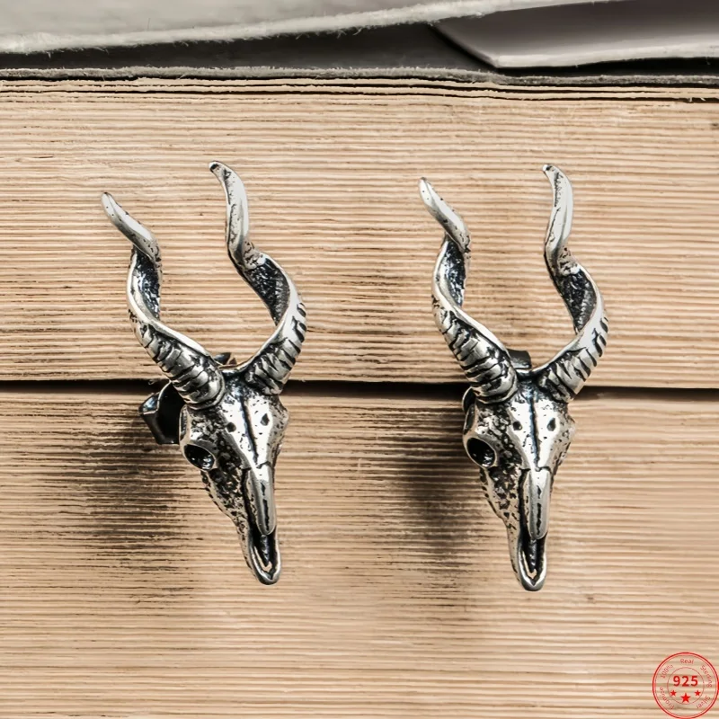 NEW Real S925 Sterling Silver Charms Stud Earrings for Women Men Ancient Sheep Head Skull Ear Stud Punk Fine Choice Jewelry